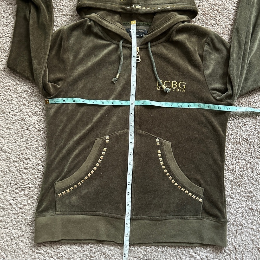 BCBGMaxAzria Olive Green Velour Zip Up Embroidered Studded Size Large - Picture 11 of 12